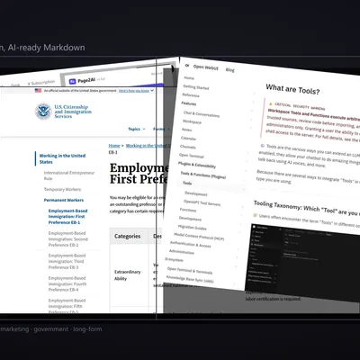 Three Page2AI popup captures on live sites — USCIS EB-1 policy manual, Open WebUI docs, and xAI Grok models page — showing real profile, character counts, and quality ratios returned by the extension.