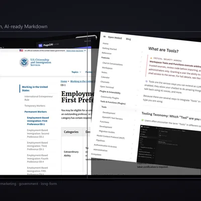 Three Page2AI popup captures on live sites — USCIS EB-1 policy manual, Open WebUI docs, and xAI Grok models page — showing real profile, character counts, and quality ratios returned by the extension.